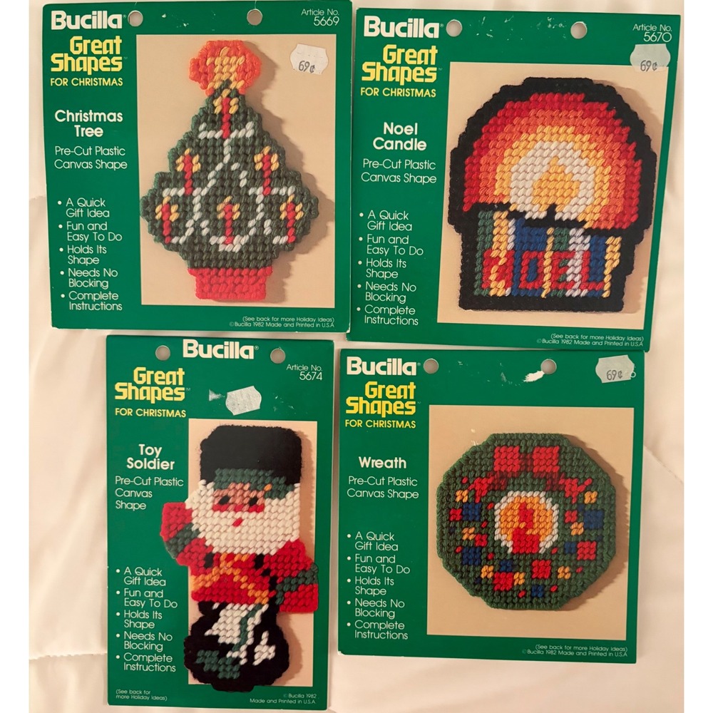 Vintage 1982 Bucilla Great Shapes Christmas Plastic Canvas Kit Lot 4 Ornaments